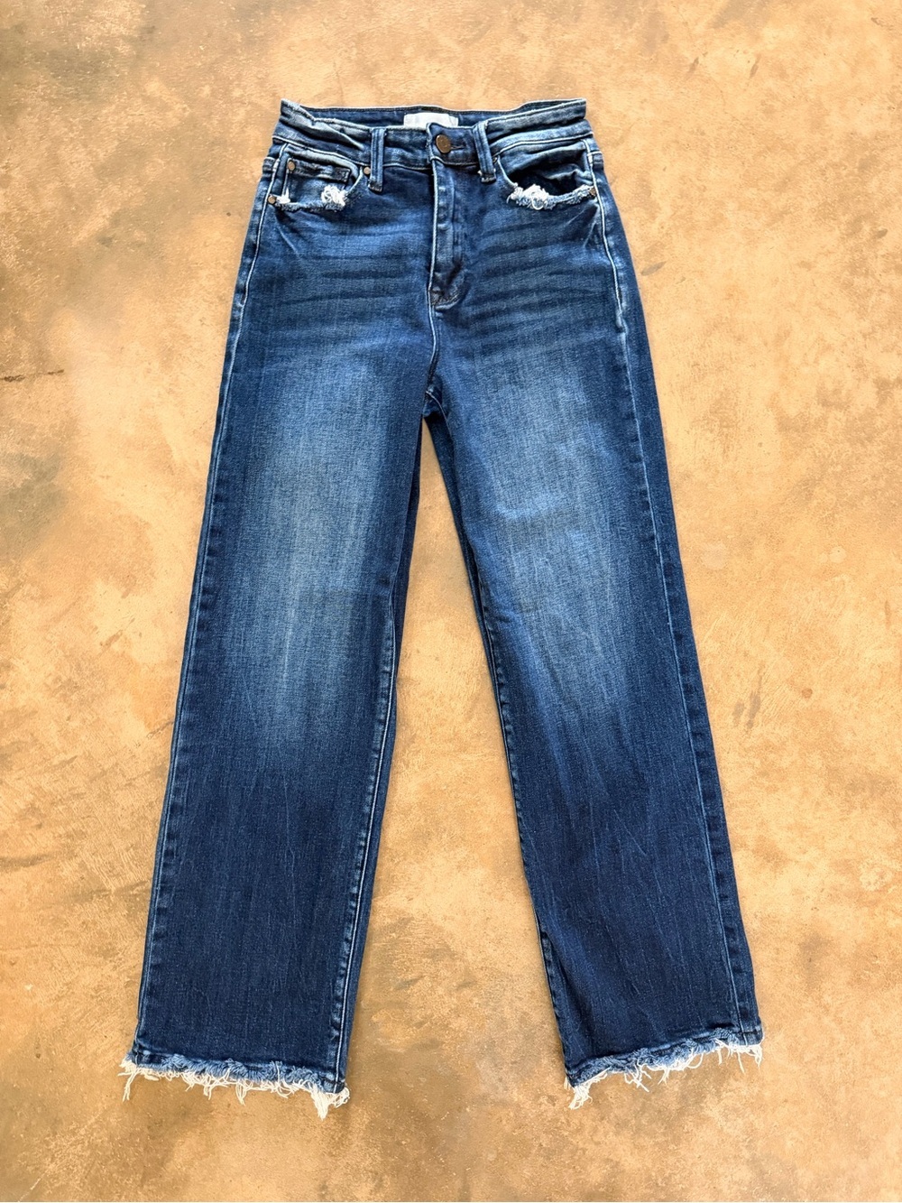 Petra 153 High Rise Wide Leg Jeans Size 25 Raw Hem Distressed Dark Wash
